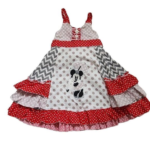 Custom Girls Size 7-8 Red White Gray Polka Dot Chevron Minnie Mickey Mouse Dress - Picture 1 of 9
